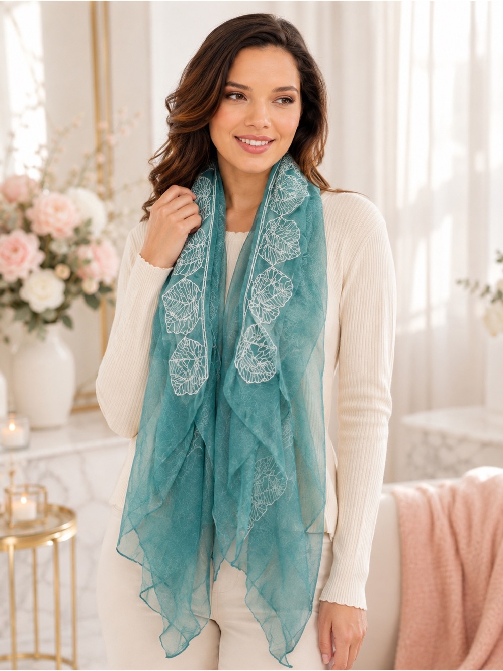 Boutique Aqua Teal Sheer Embroidered Lace Scarf Wrap Boho Chic Chiffon Shawl NWT